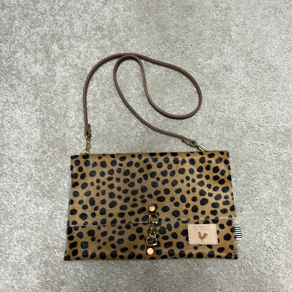 Meanwhile Back on the Farm Foldover Clutch/Crossbody. Cheetah hair on hide.